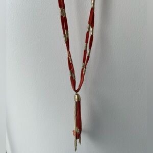 Burnt Orange Gold Accents Long Necklace - Boho Tassel Jewelry